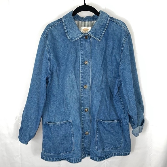 Talbots Jean Jacket Fold Over Collar Button Front longSleeve Front Pockets Denim - Picture 1 of 11